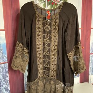 Johnny Was Brown Lace embroidery blouse top #1212